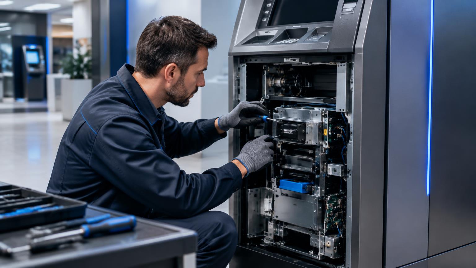 Technician maintaining an ATM